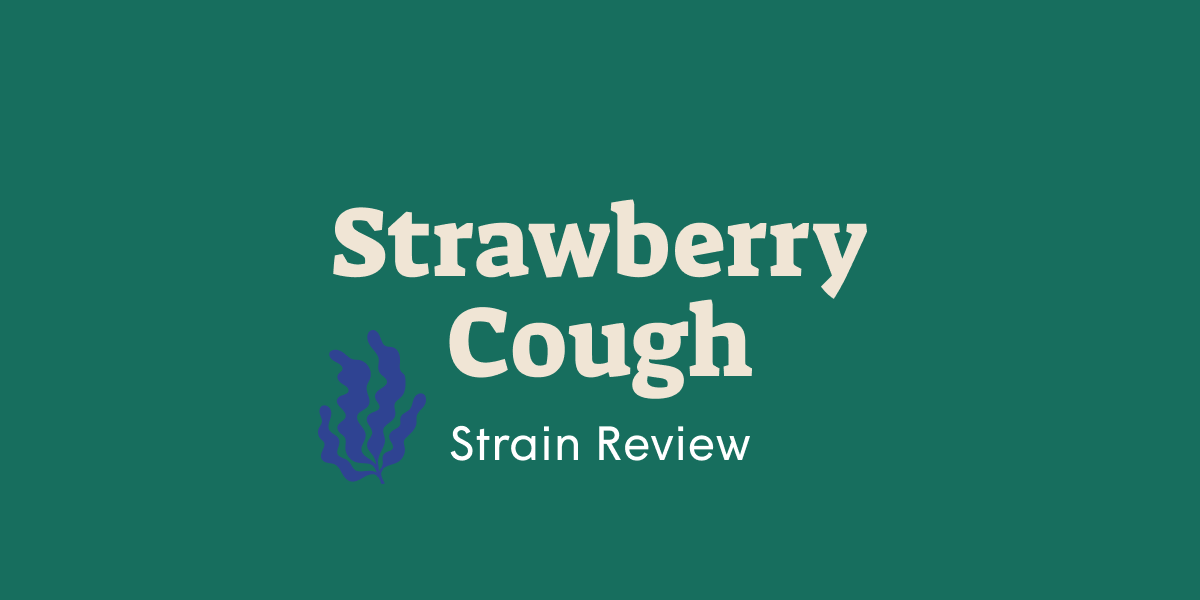 Strawberry Cough strain review image with large text and purple cannabis leaf illustration on green background.
