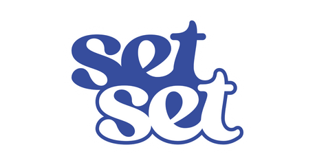 SetSet logo in blue and white with puffy lowercase letters locked up stacked set over set.