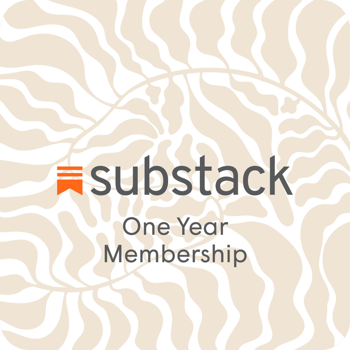 Substack logo with '1-year paid membership' text on a beige background with blue abstract patterns.