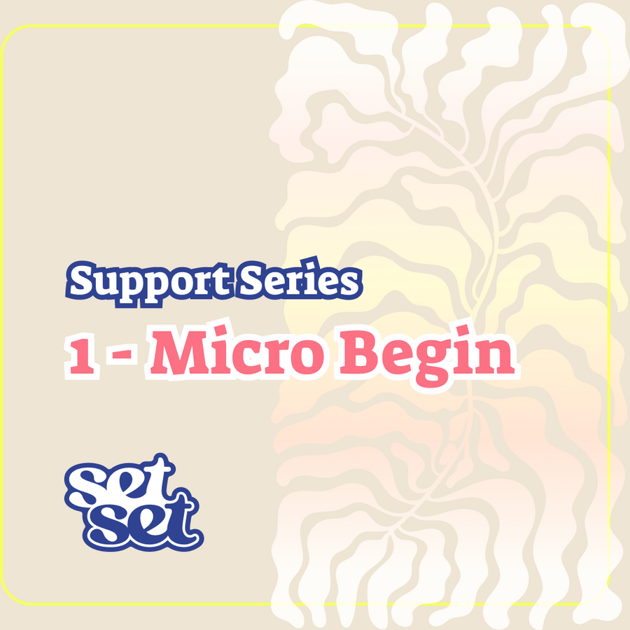 Promotional graphic for 'Support Series 1 - Micro Begin' by set, with a floral pattern on a beige background.