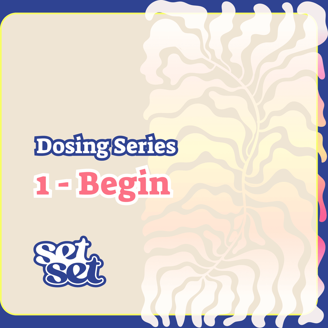Product packaging with 'Dosing Series 1 - Begin' text and 'set' branding on a gradient background.