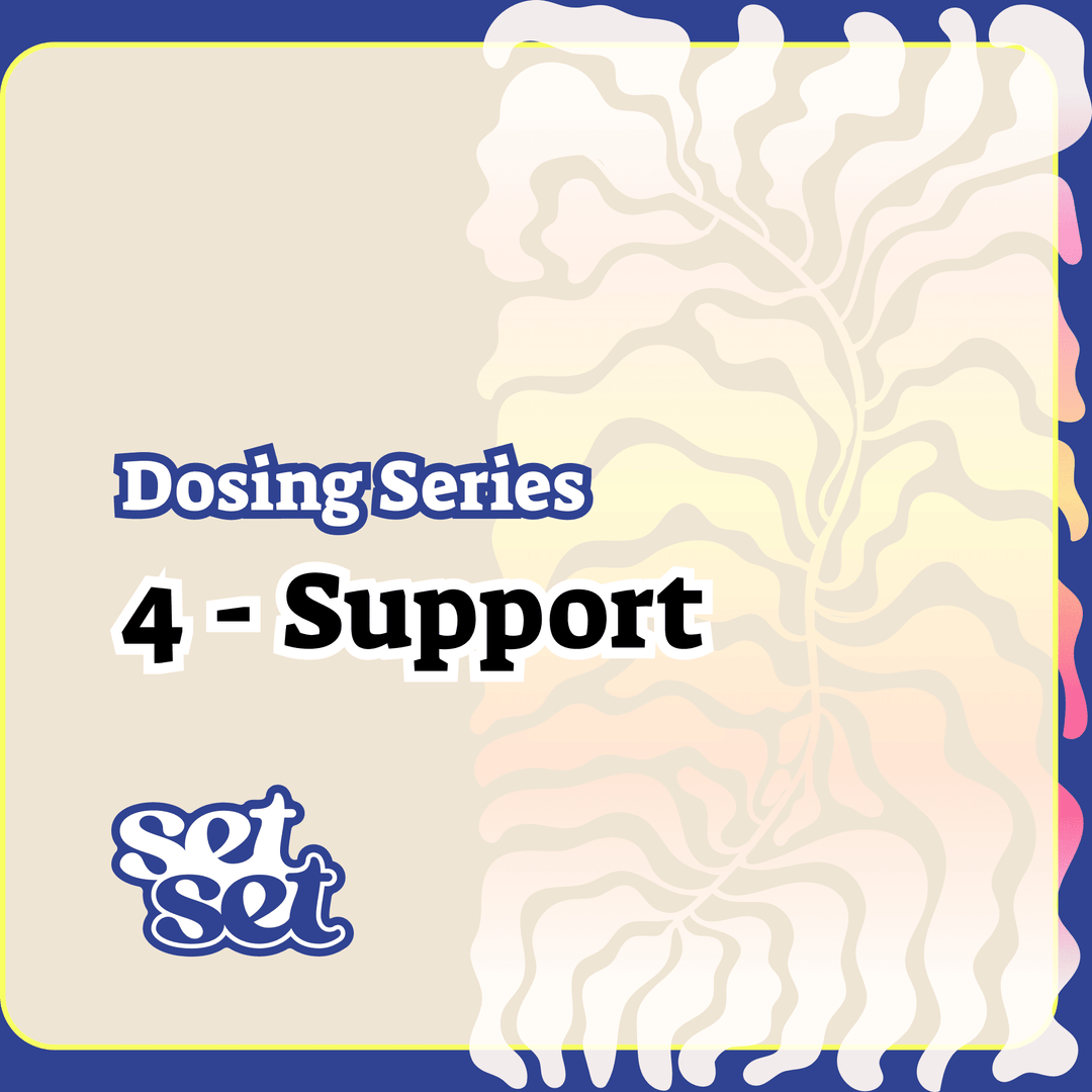 Product packaging with 'Dosing Series 4 - Support' and 'set' branding on a gradient background.