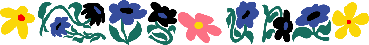 Decorative floral string with blue, black, yellow, and pink flowers on green stems in a horizontal layout.