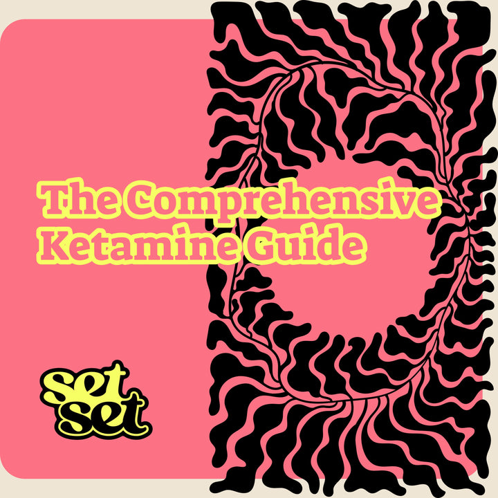 Cover of 'The Comprehensive Ketamine Guide' with abstract design and 'set' branding on a pink background