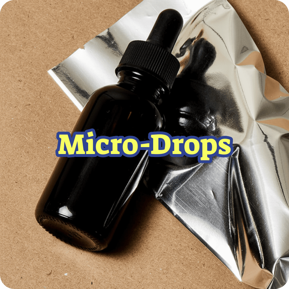 Black dropper bottle on silver reflective paper with 'Micro-Drops' text overlay.