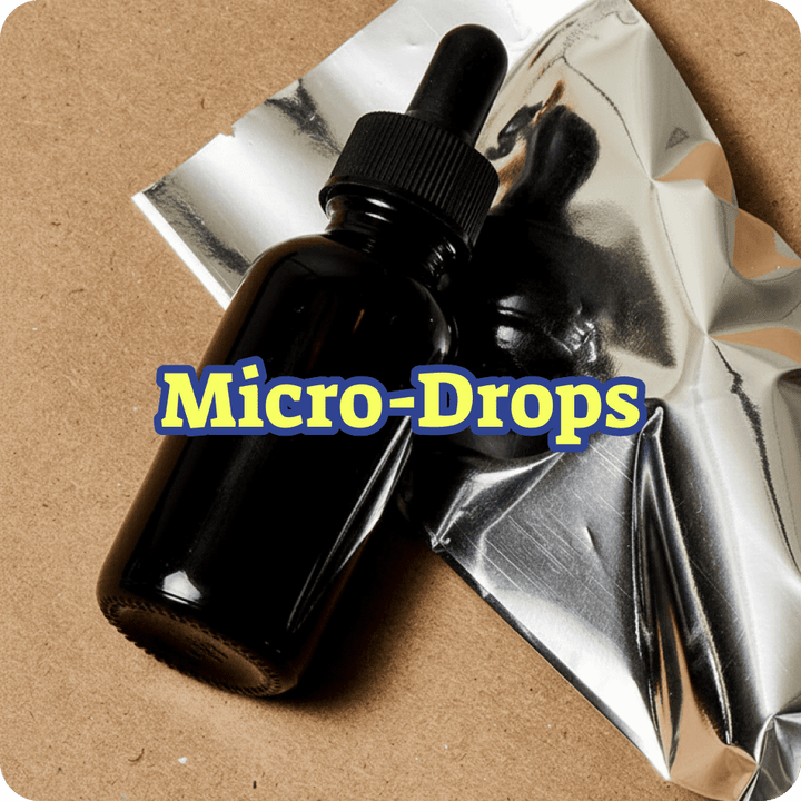 Black dropper bottle on silver reflective paper with 'Micro-Drops' text overlay.