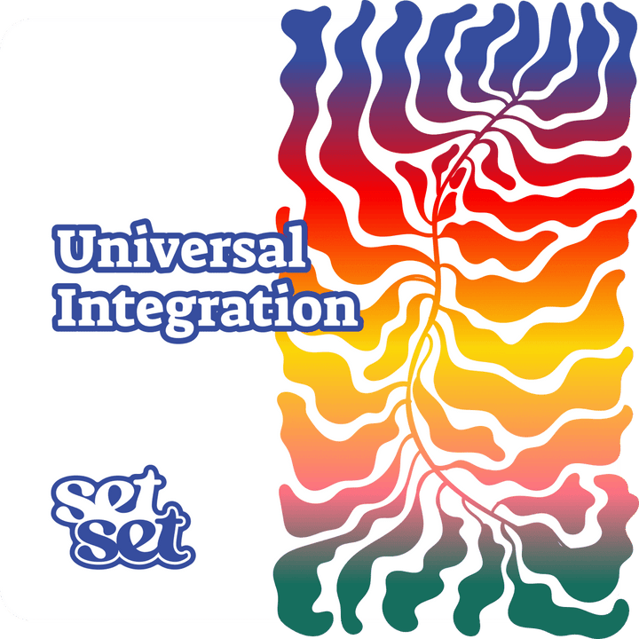 Colorful abstract design with 'Universal Integration' text and 'set' logo on a white background