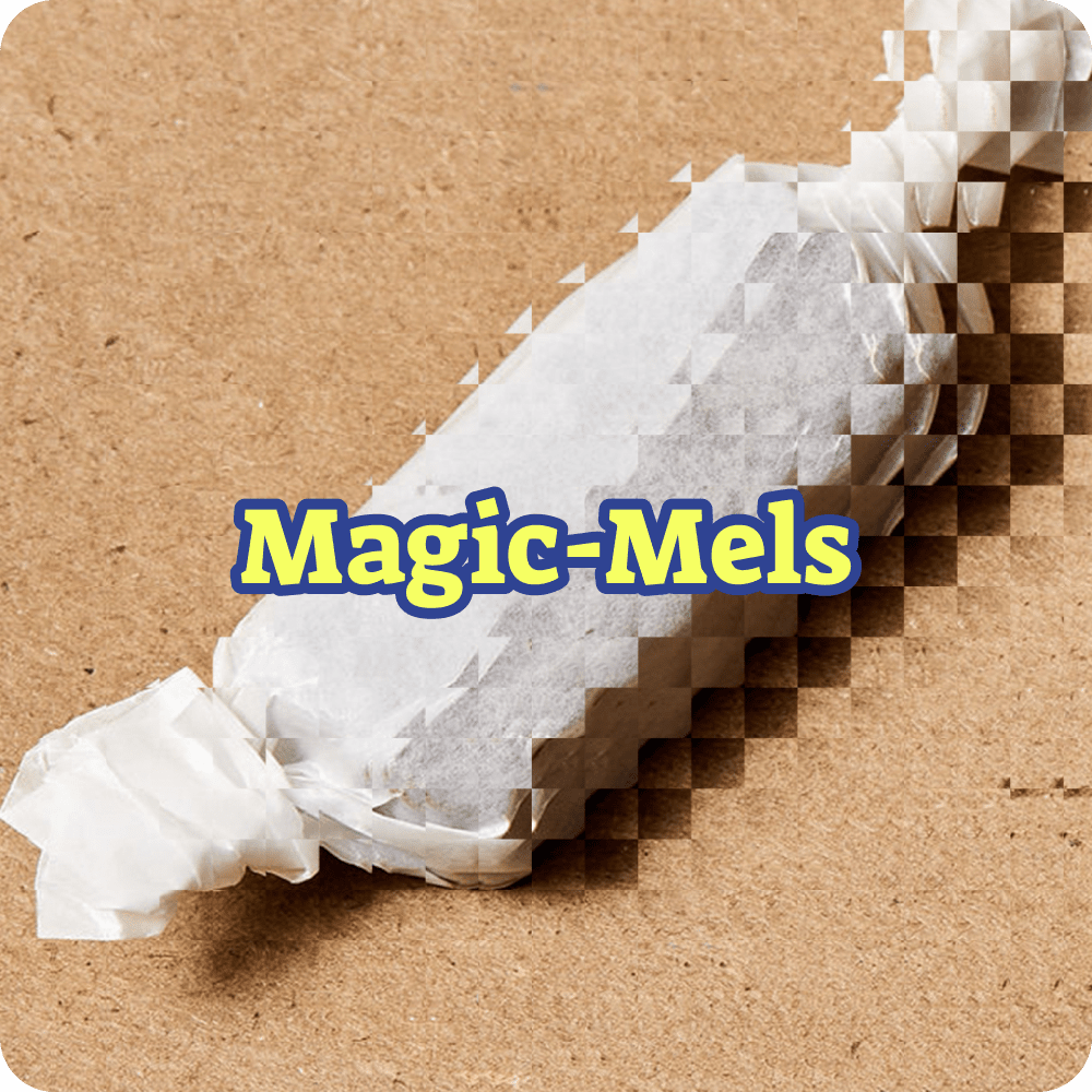 White textured product on a brown background with 'Magic-Mels' text.
