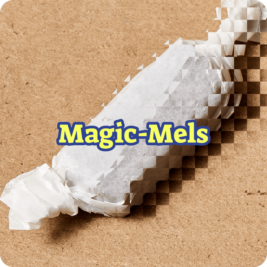 White textured product on a brown background with 'Magic-Mels' text.
