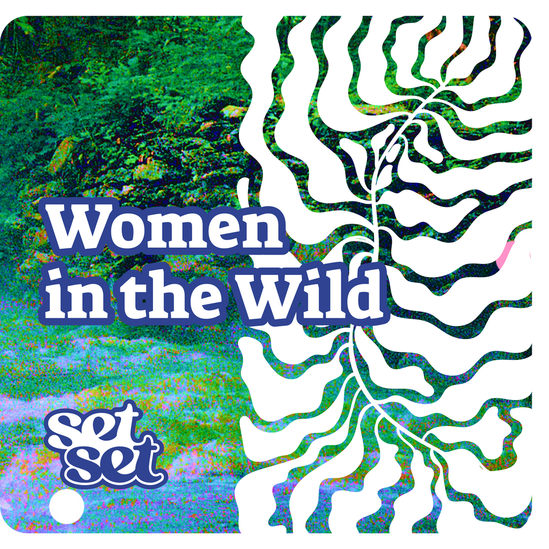 Logo with 'Women in the Wild' text and set design on a nature-themed background